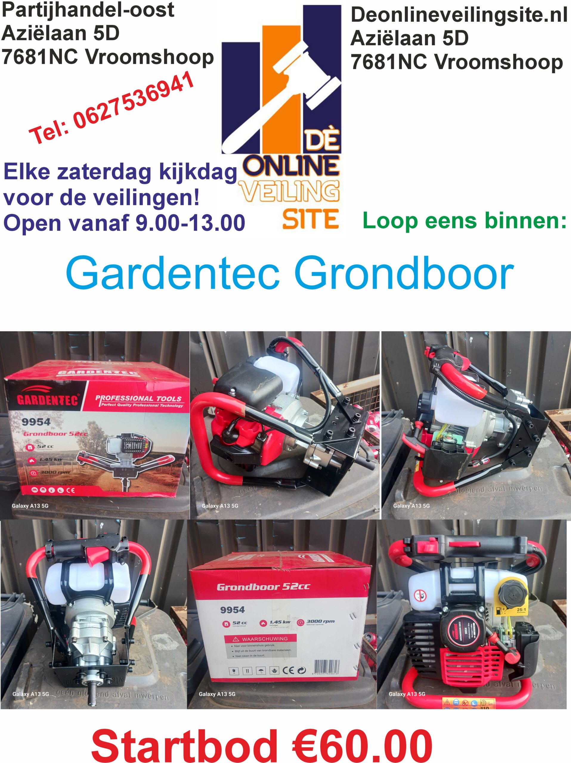 Deze kavel loopt af precies één week na
  het eerste bod.Gartentec grondboor 52 cc 1.45 kW en 3000 rpm (toerental)