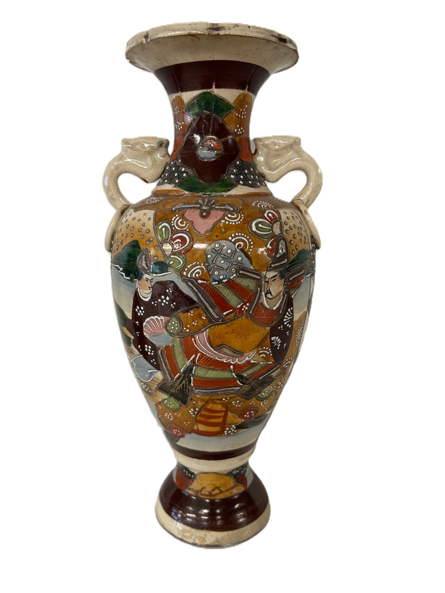 Antieke Japanse Satsuma Vaas met Samurai Scènes en Bloemmotieven - Afbeelding 5