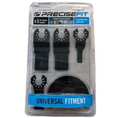 4 verpakkingen van een 5-delige set PreciseFit multitool snij en zaagbladen, met universele aansluiting waarvoor geen adapter nodig is en compatibel met diverse multitools."