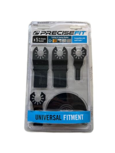 4 verpakkingen van een 5-delige set PreciseFit multitool snij en zaagbladen, met universele aansluiting waarvoor geen adapter nodig is en compatibel met diverse multitools.”