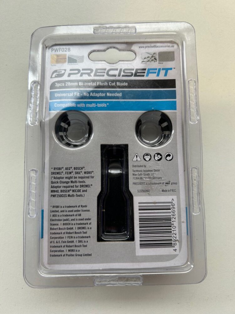 5 x verpakkingen van een 3-delige set PreciseFit 28mm bi-metaal multitool zaagbladen, met universele aansluiting waarvoor geen adapter nodig is en compatibel met diverse multitools.” - Afbeelding 2