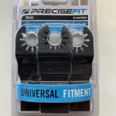 5 x verpakkingen van een 3-delige set PreciseFit 28mm bi-metaal multitool zaagbladen, met universele aansluiting waarvoor geen adapter nodig is en compatibel met diverse multitools."