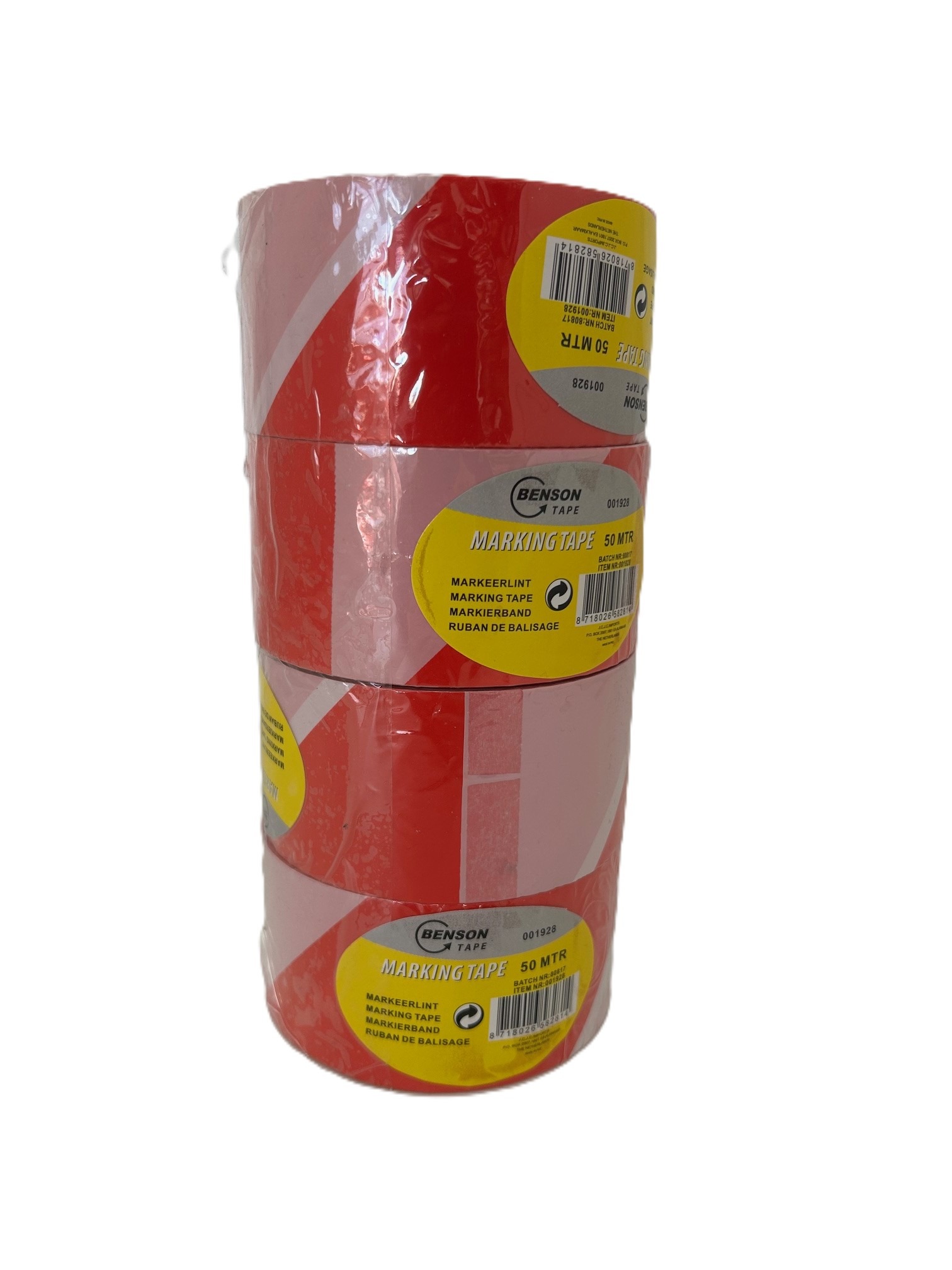 4 x Benson Robuust afzetlint – 48 mm breed – 50 meter lang – Rood en wit