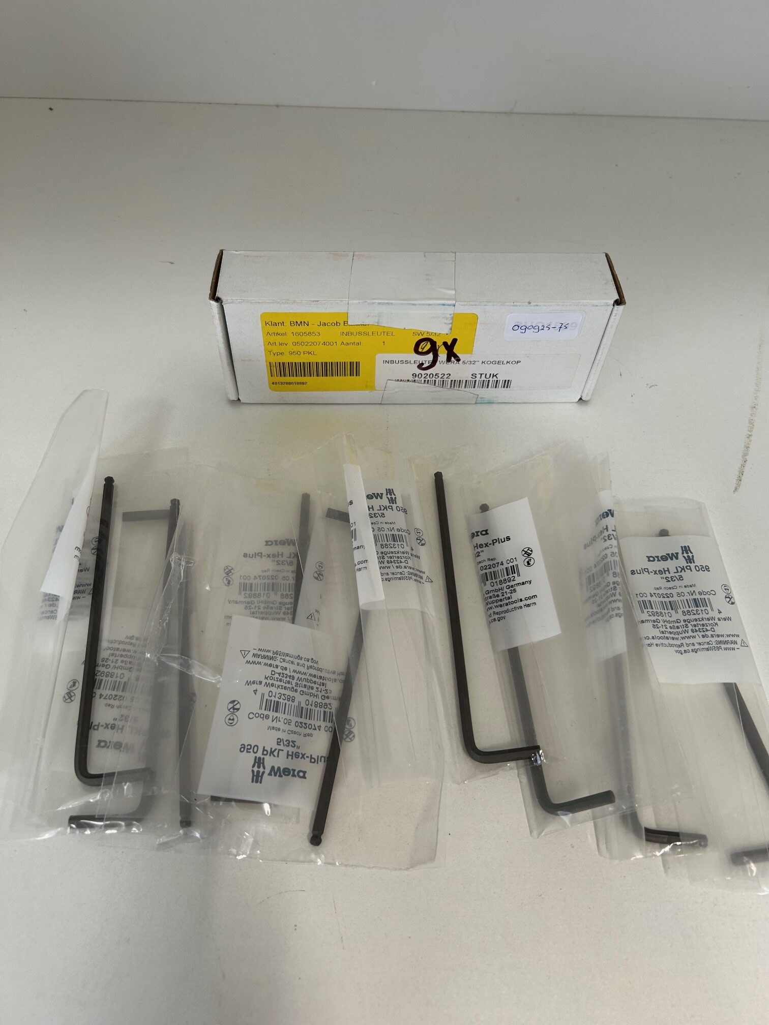 9 x inbussleutels Wera 5/32 kogelkop