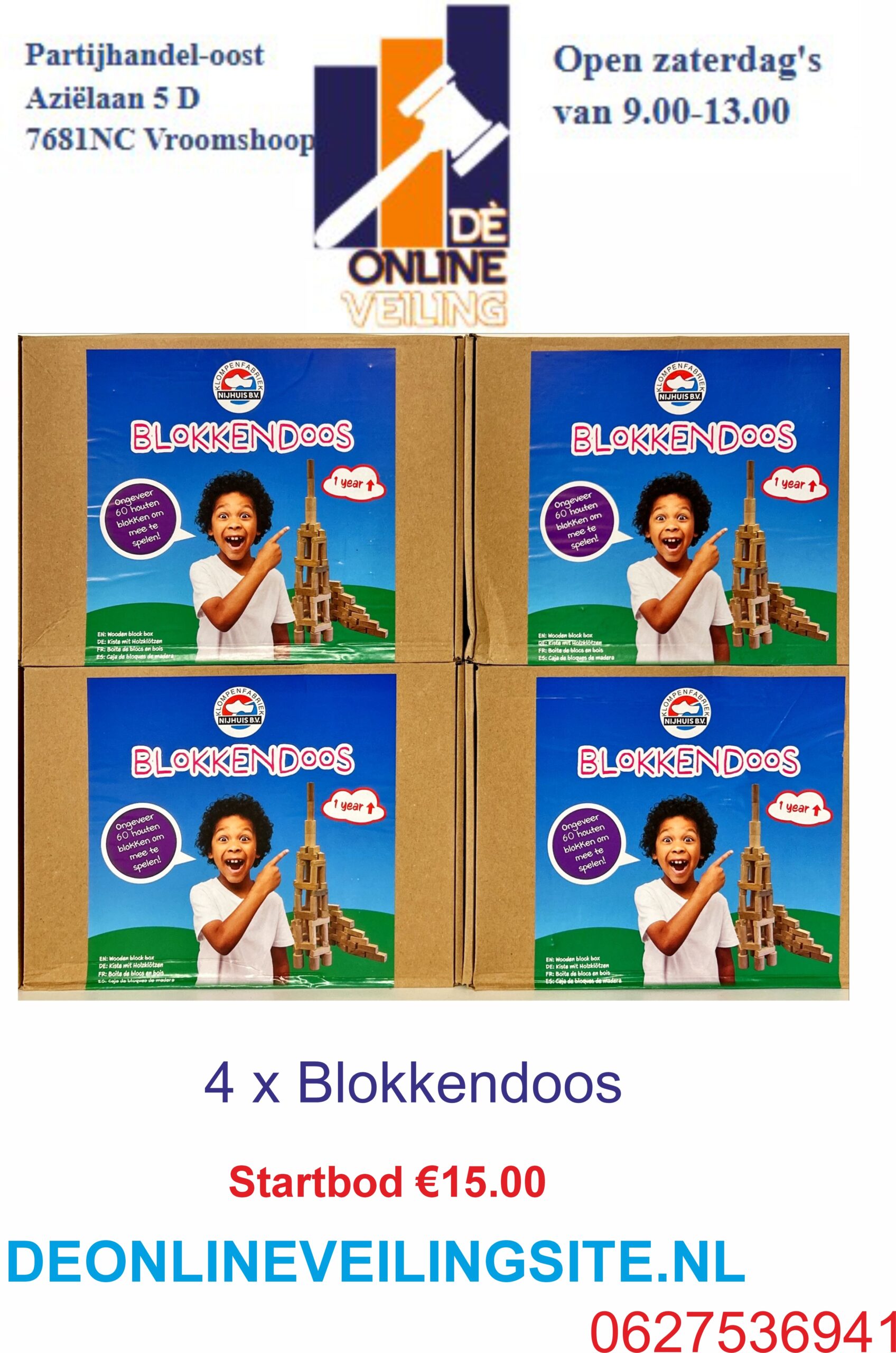 Deze kavel loopt af precies één week na
  het eerste bod.4 x Blokkendoos inhoud +/- 60 blokken per doos