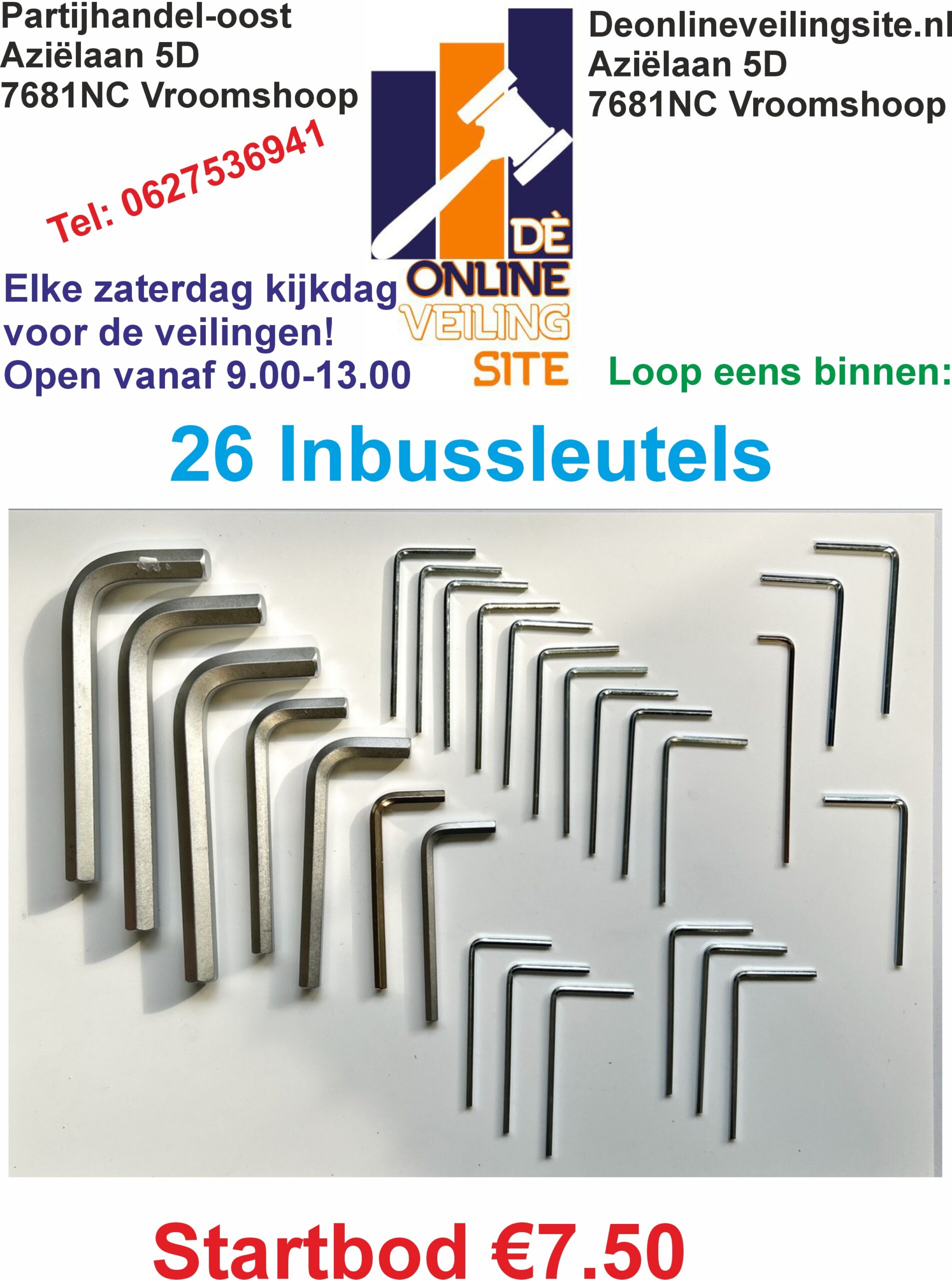 Deze kavel loopt af precies één week na
het eerste bod.Inbussleutels diverse maten