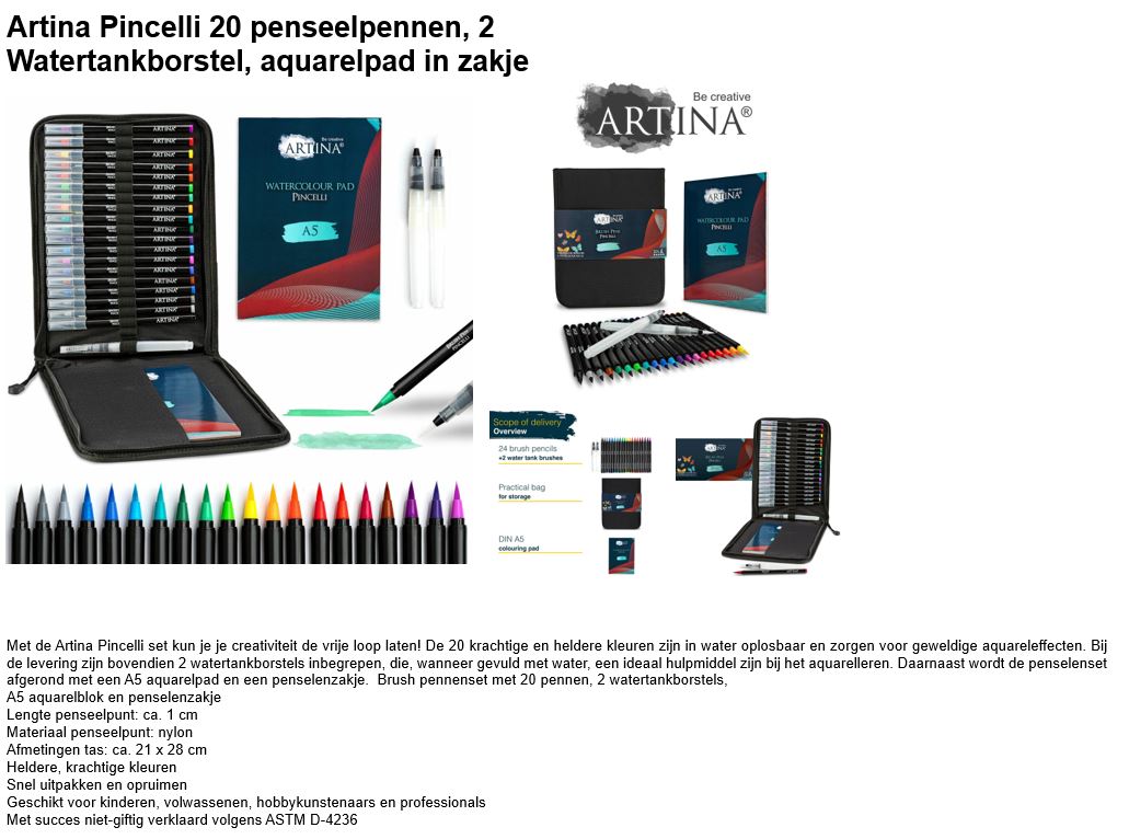 Artina 20 penselen – 2 watertank borstels en Aquarelpad in zakje